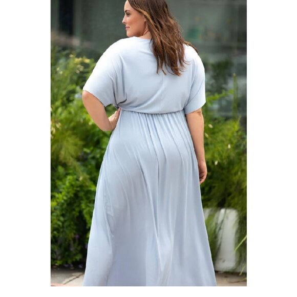 NEW - Plus Size Round Neck Split Flutter Sleeve Maxi Dress - Dusty Blue,  1X, 2x - Picture 3 of 16